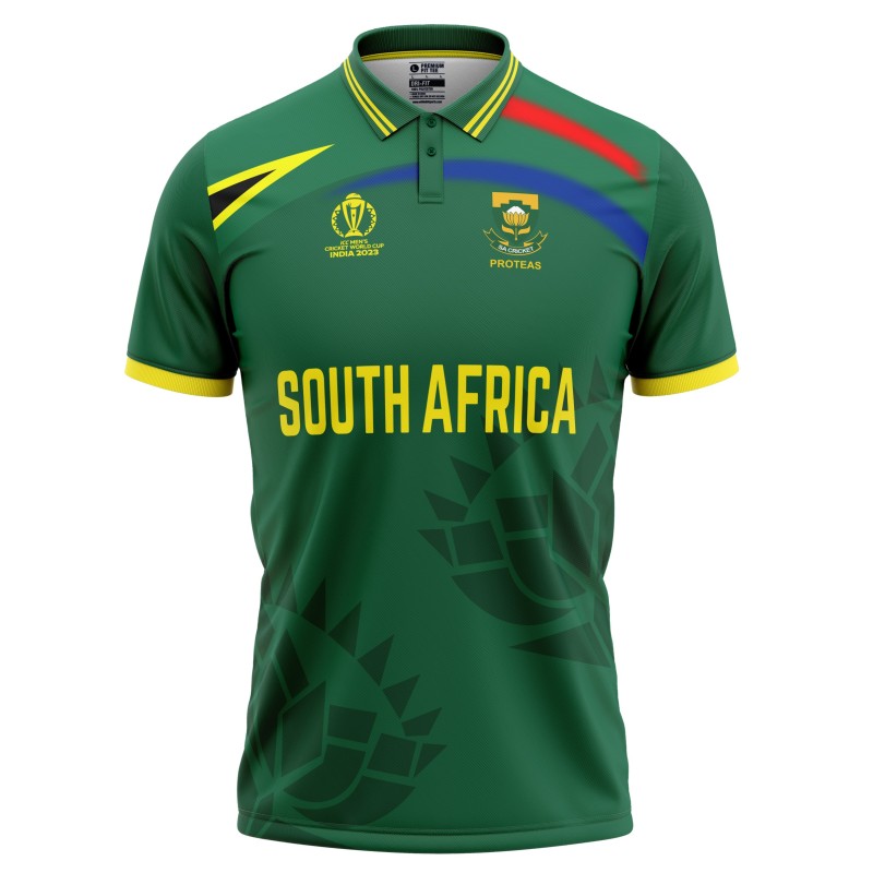 South Africa ODI World Cup 2023 Half Sleeves Cricket Fan Jersey - 100% Dryfit Polyester - With Name Personalisation South Africa ODI World Cup 2023 Half Sleeves Cricket Fan Jersey - 100% Dryfit Polyester - With Name Personalisation